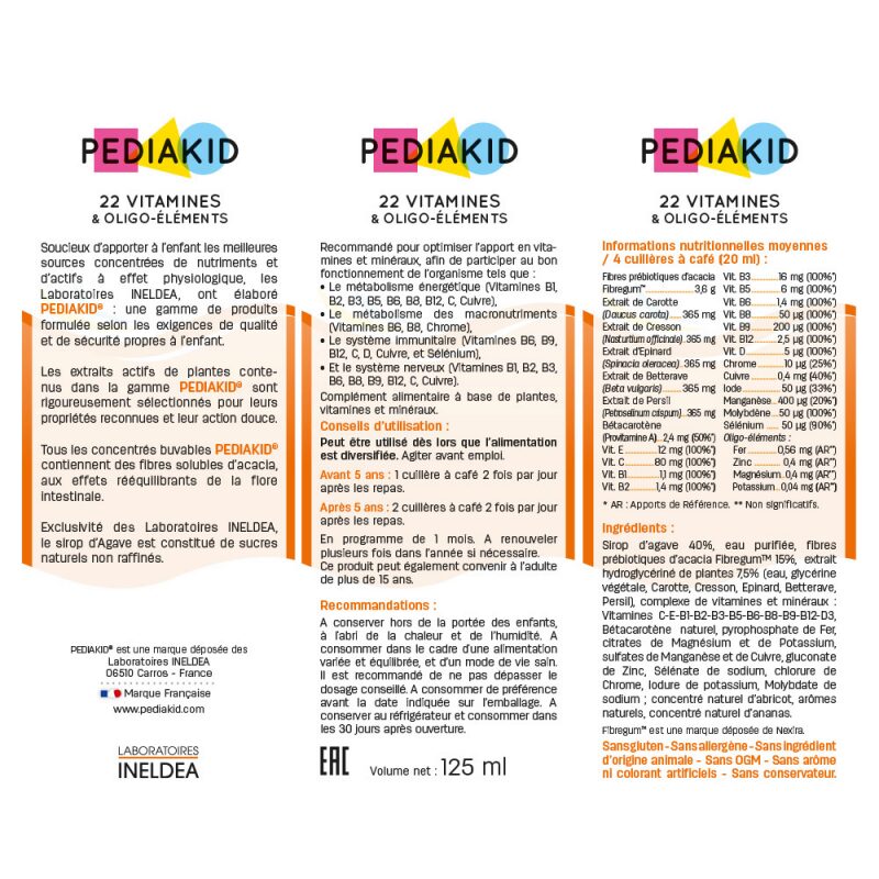 PEDIAKID Питний 22 вітаміни та оліго-елементи / 22 VITAMINES &amp; OLIGO-ELEMENTS 125 мл - для здорового фізичного розвитку — Photo 3